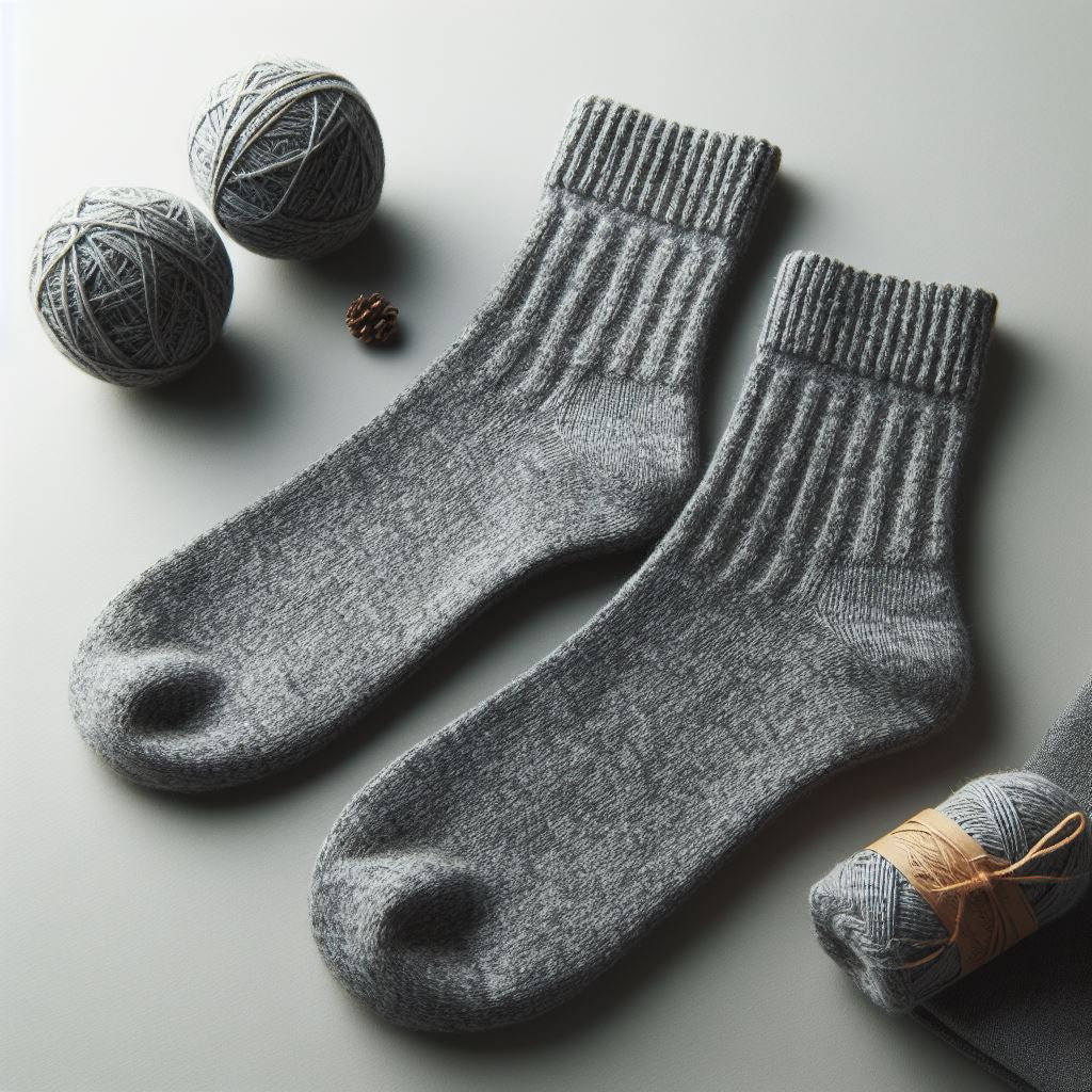 A gray woolen custom sock is lying on the floor.