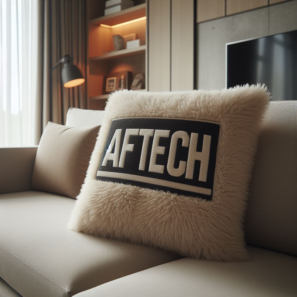 A custom stuffed pillow with a company's logo on it. It is on a sofa.
