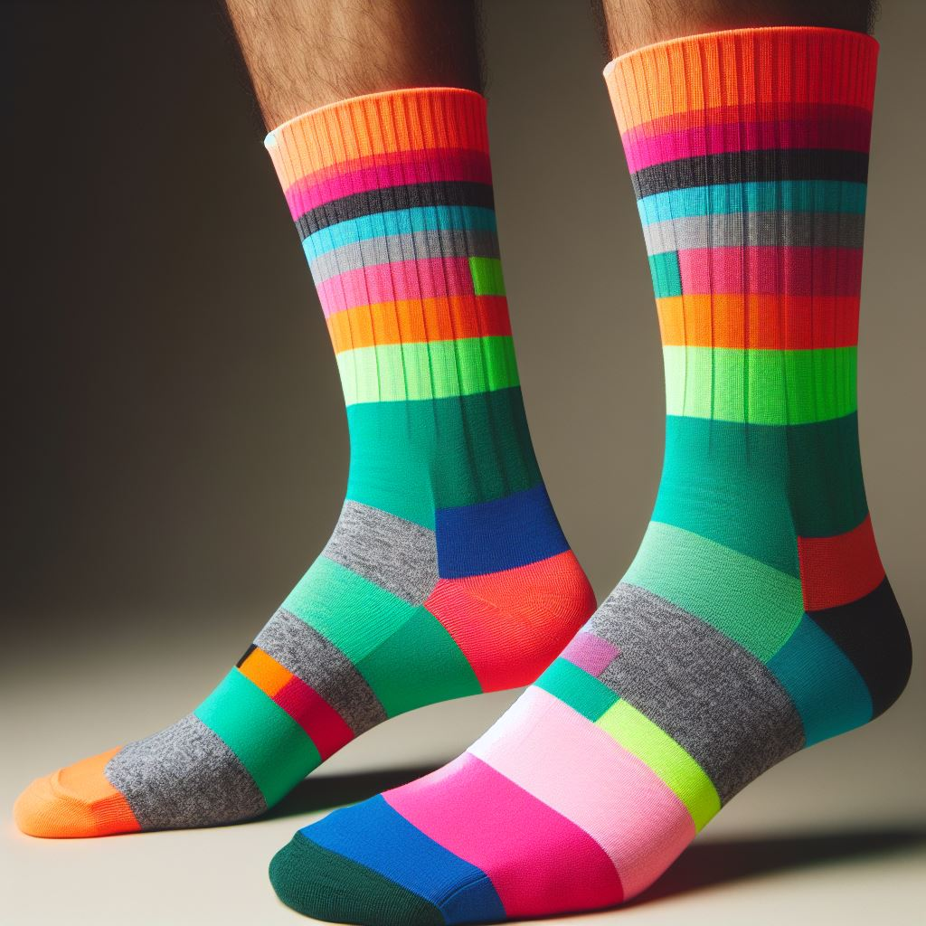 A person wearing brightly-colored custom socks with a striped design. 