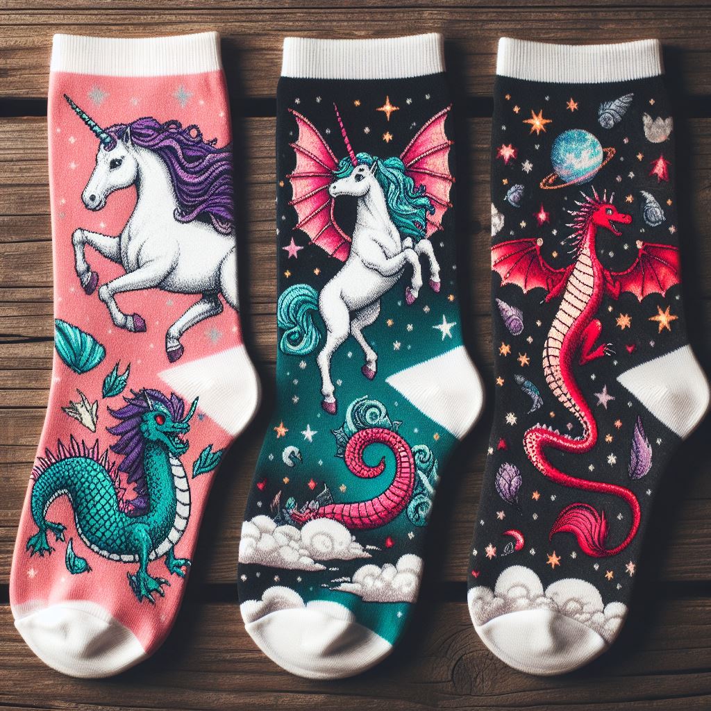 Trending custom socks on TikTok with images of mythical creatures.