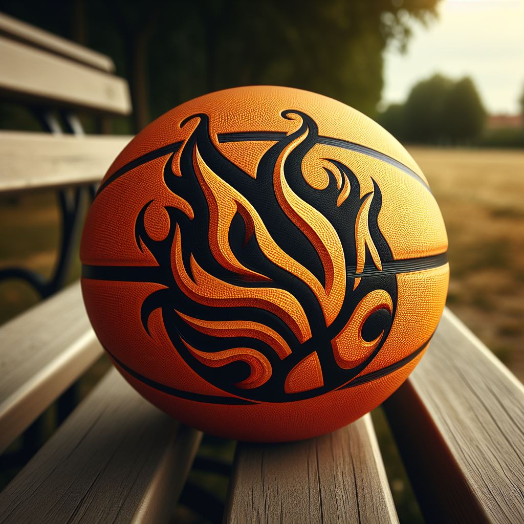 A custom basketball with the image of a flame on it on a park bench.