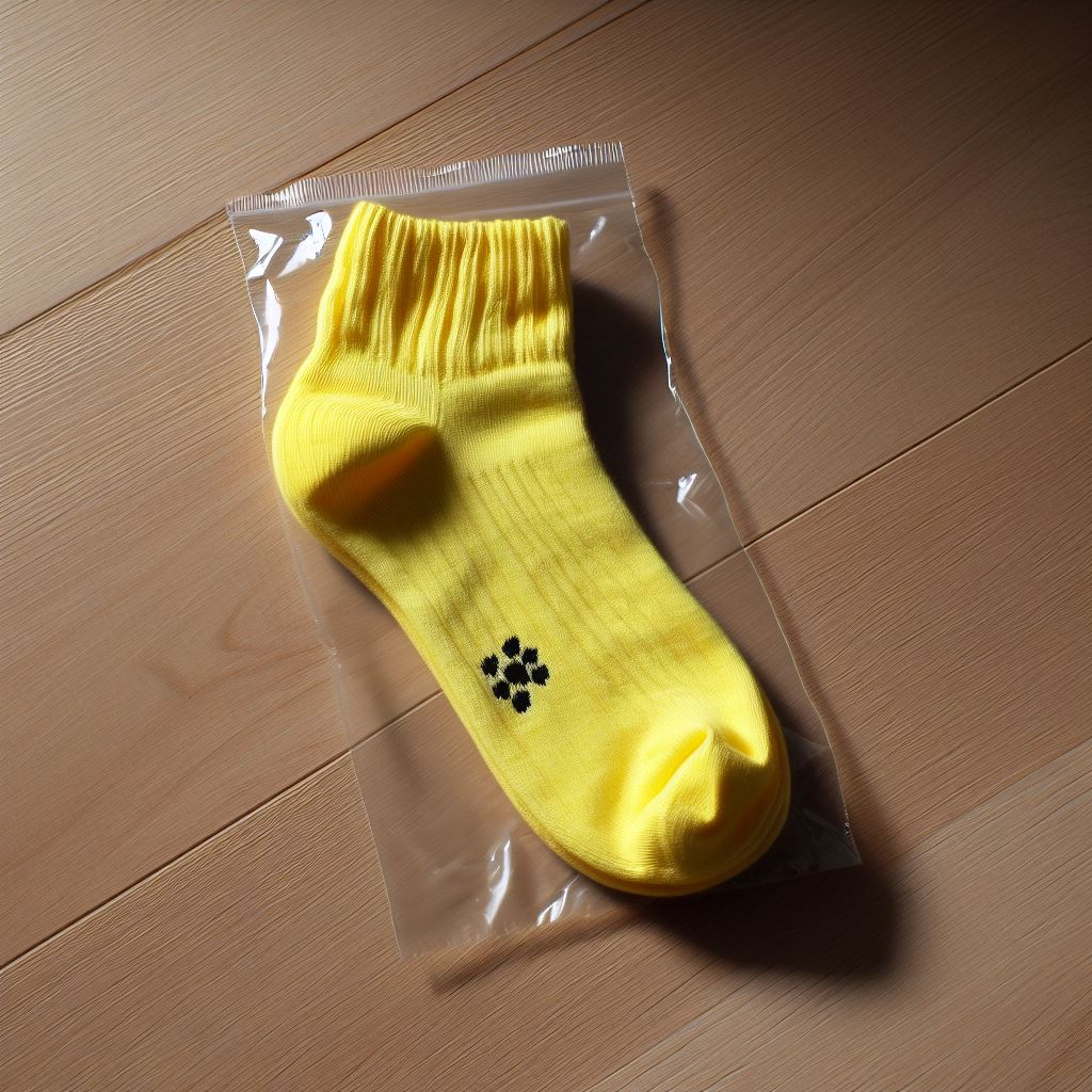 A pair of yellow custom socks in a transparent packet lying on the floor.