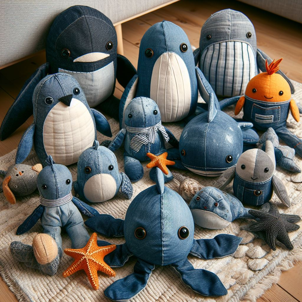 Custom plush toys from denim sitting on the floor.