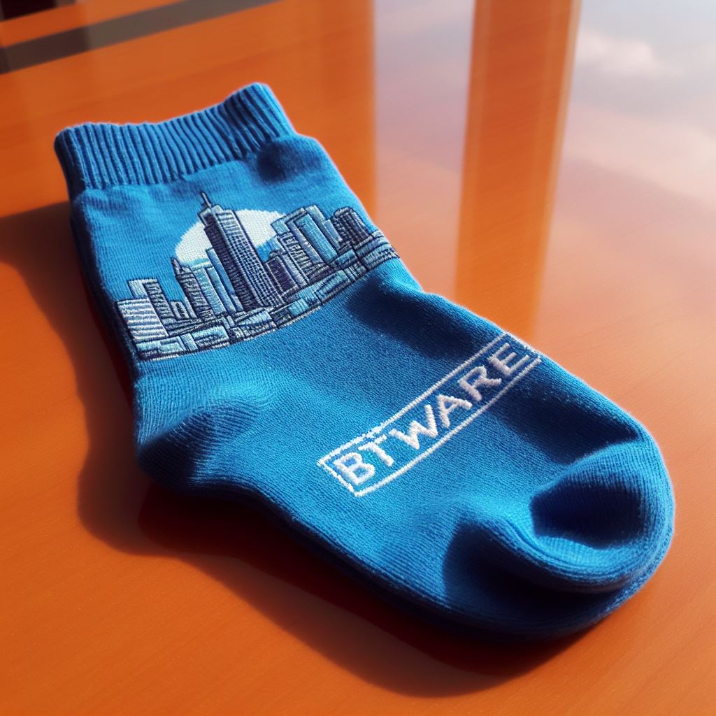 A blue custom sock with the logo and design embroidered on it. It is lying on a table.