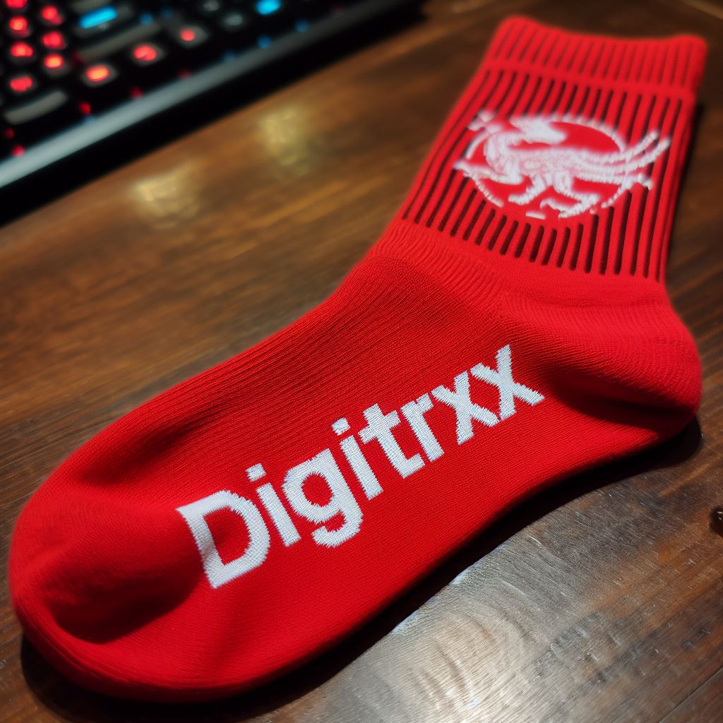A red custom sock with the logo and design embroidered on it. It is manufactured by EverLighten and lying on a table.