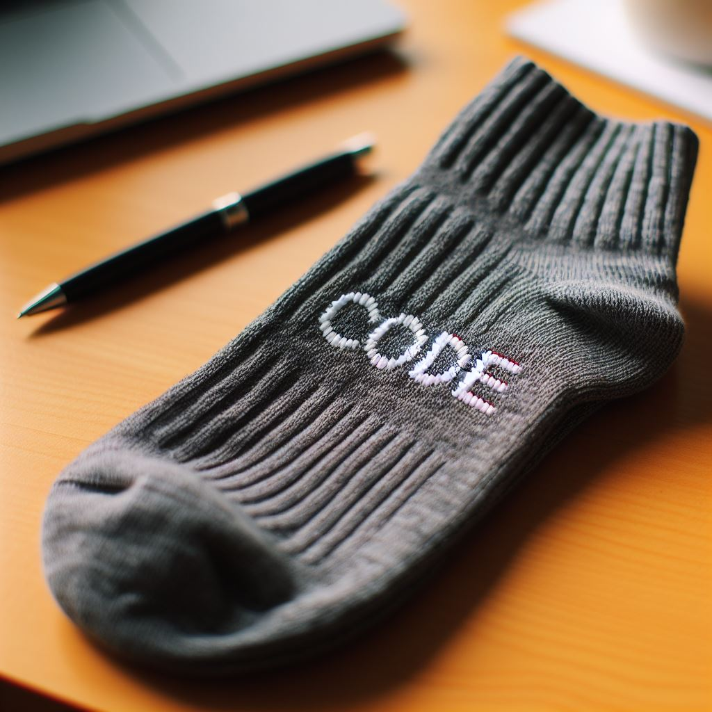 A gray custom sock with the text embroidered on it. It is lying on a table.