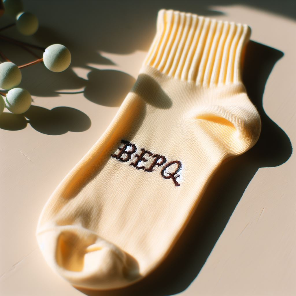 A yellow custom sock with the logo embroidered on it. It is lying on the floor.