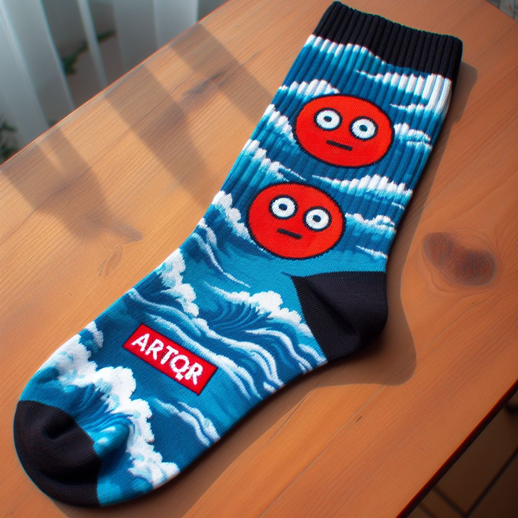 A blue and red custom sock with the text and design embroidered on it. It is lying on a table.