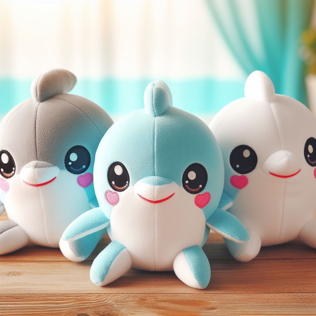 Custom plush toys in Kawaii style. They are dolphins sitting on a table.