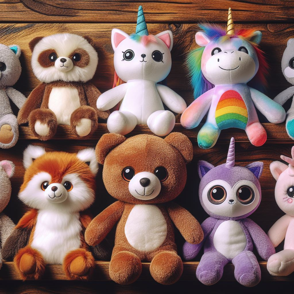 Various custom stuffed animals like teddy bears, foxes, unicorns, etc., side-by-side.