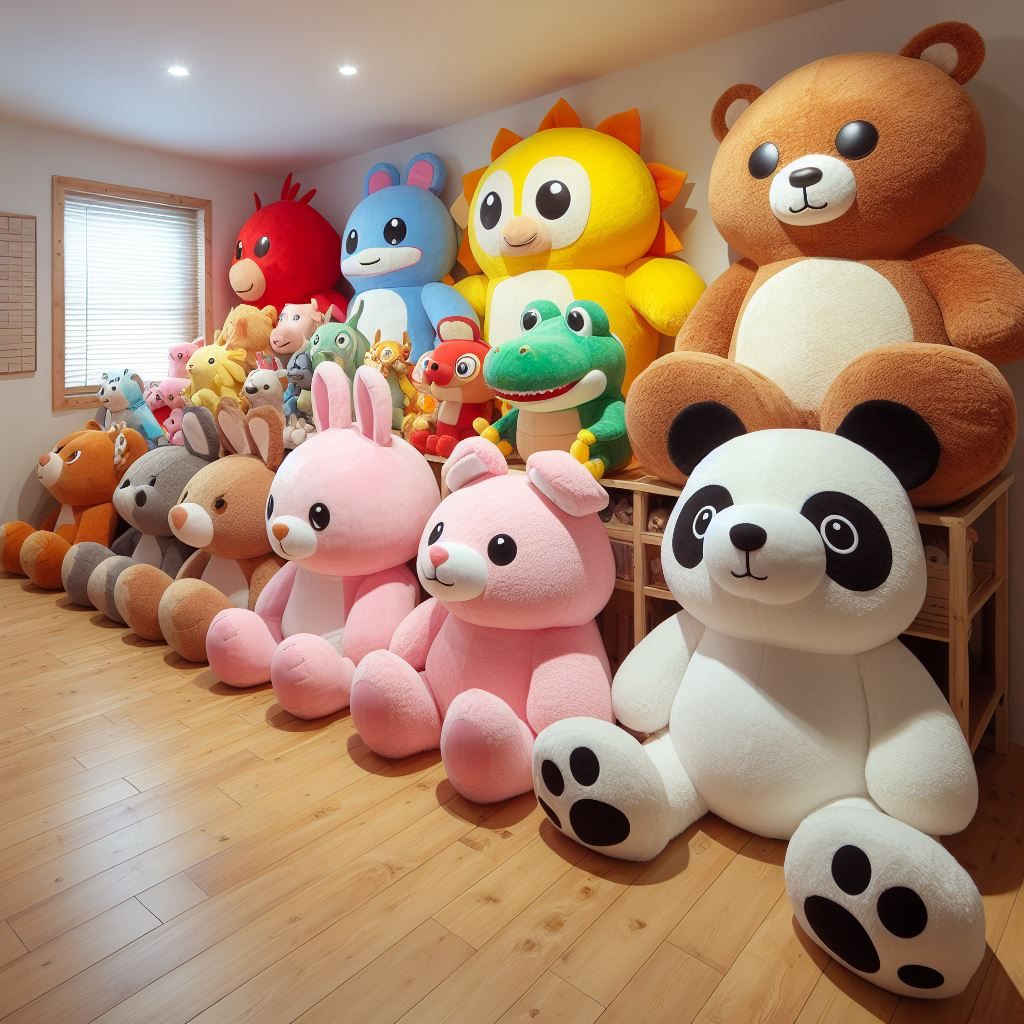 Giant custom plush toys and animals in a room. EverLighten has manufactured them for various customers.