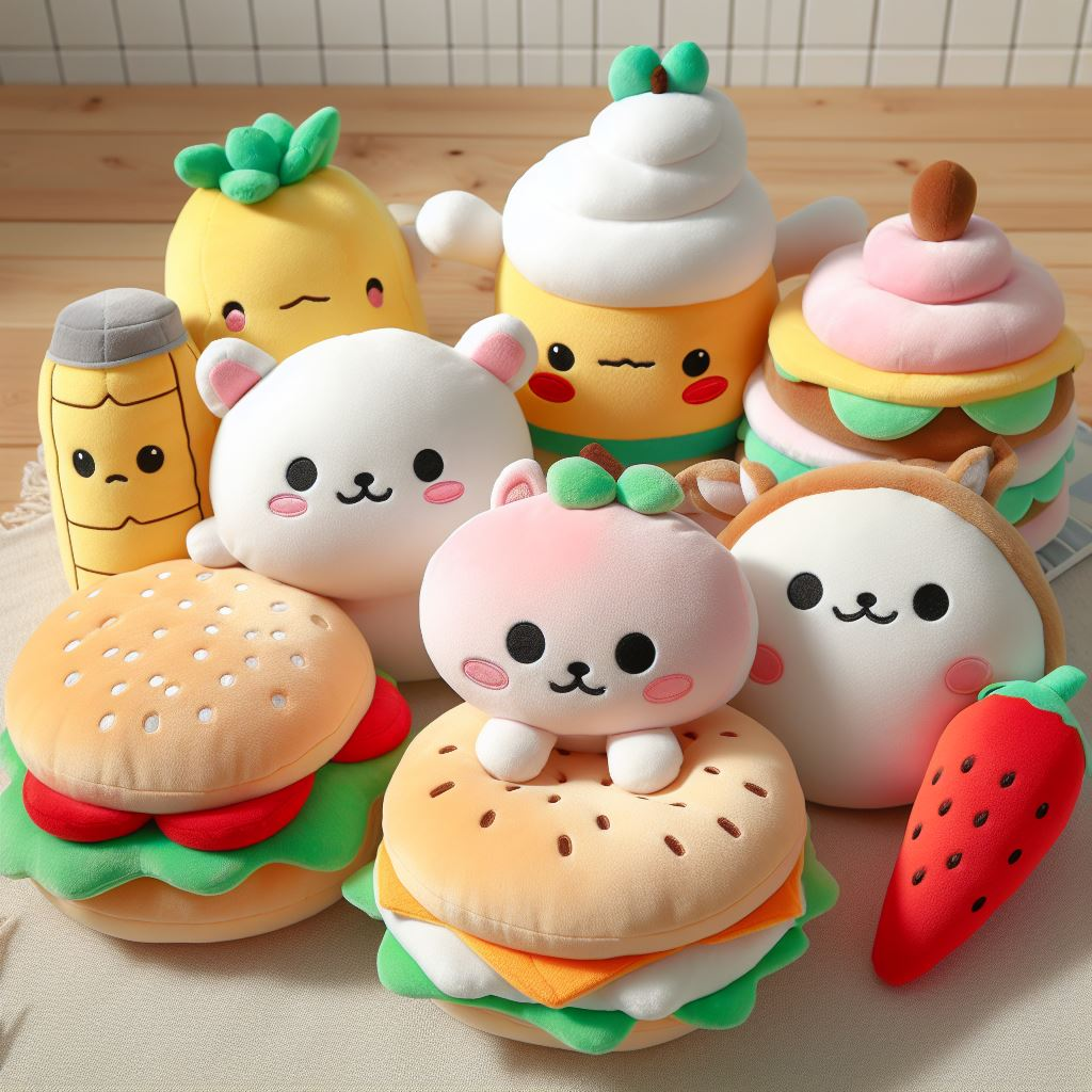 Various custom plush toys in the shape of foods. They are suitable for babies.
