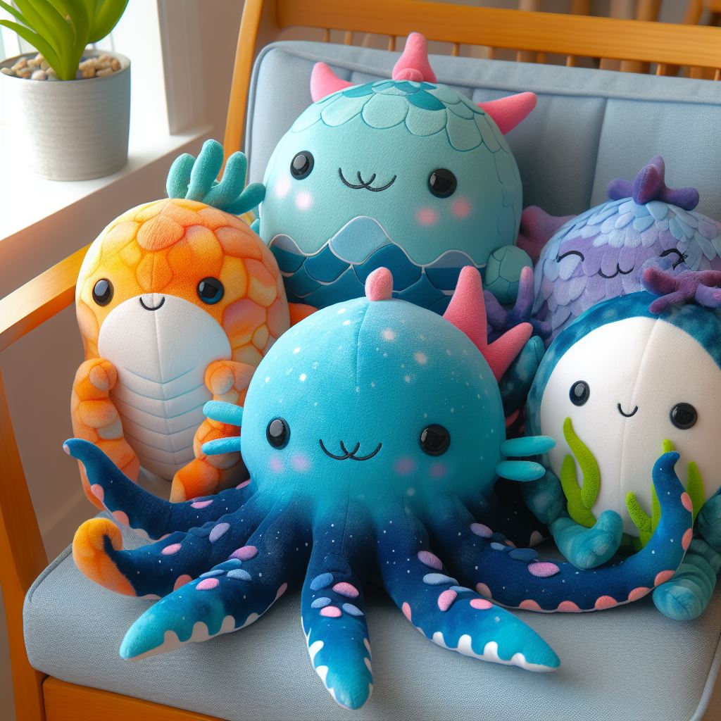 Sea-life custom plush toys on a chair.