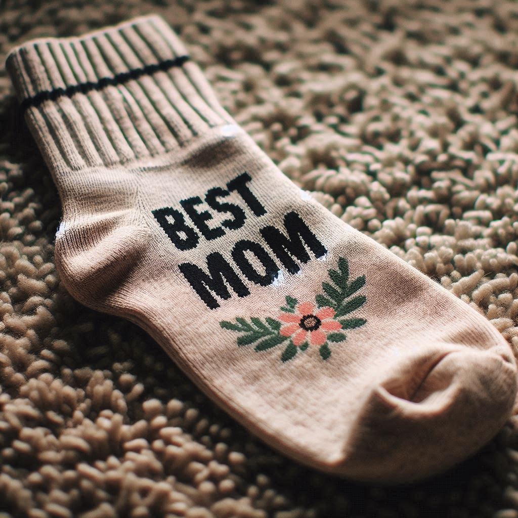 A custom sock with a flower and Best Mom text. It is lying on a carpet.