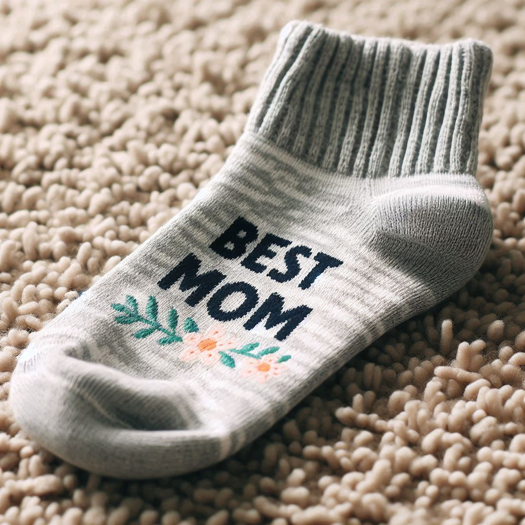 A custom sock with gray-colored stripes, flowers, and Best Mom text.