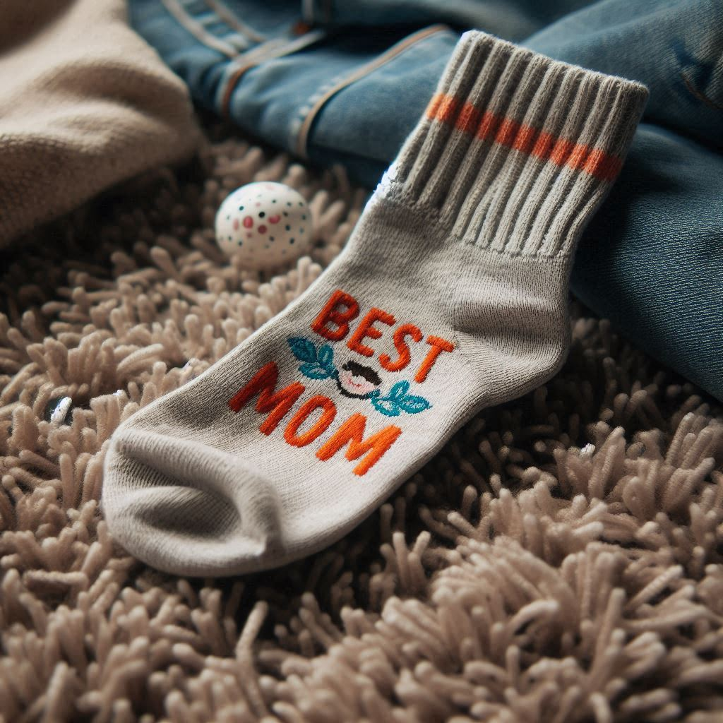 A gray custom sock with the text Best Mom in red. It has also a flower embroidered.