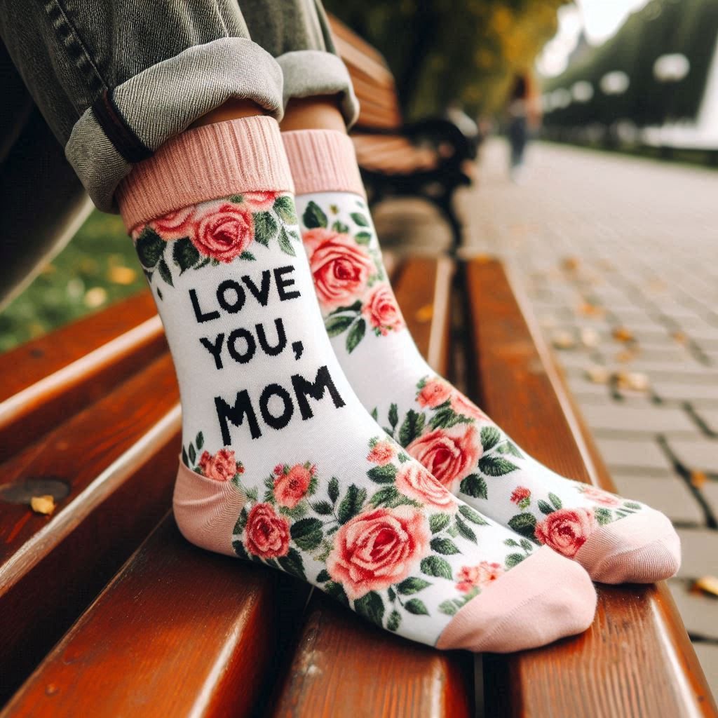 A person wearing floral custom socks with the text Love You, Mom on a park bench.