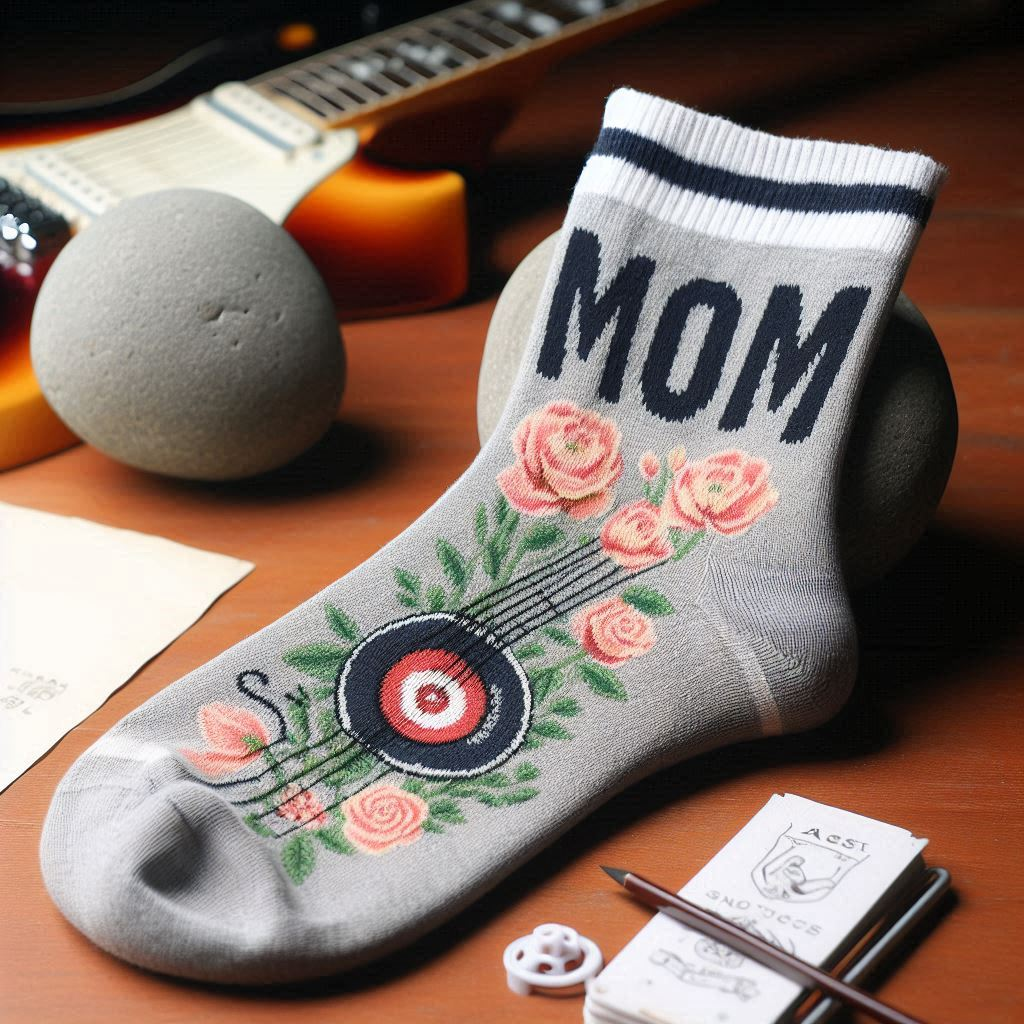 A custom sock with a musical instrument and flowers on it for Mother's Day.