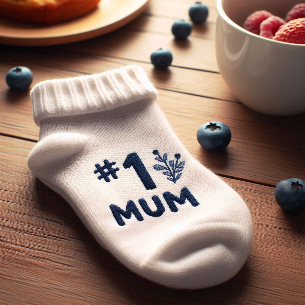 A white custom sock with the text #1 Mum in black on a table.