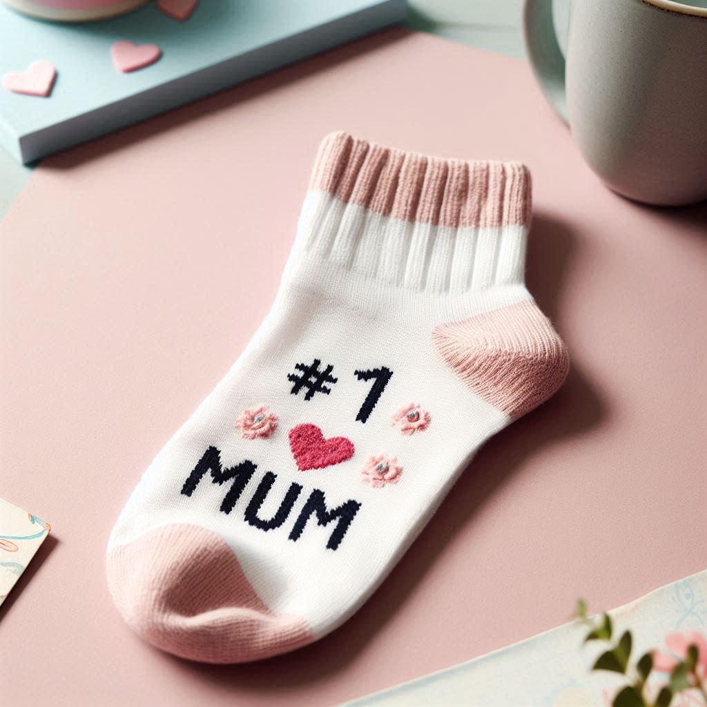 A white and pink custom sock with the text #1 Mum in black.