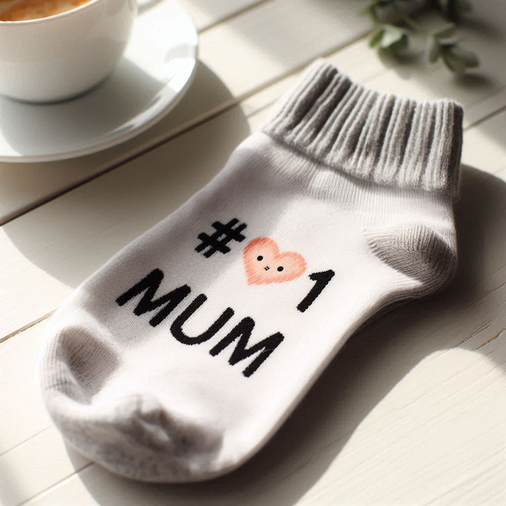 A white custom sock with the text in black for Mother's Day.