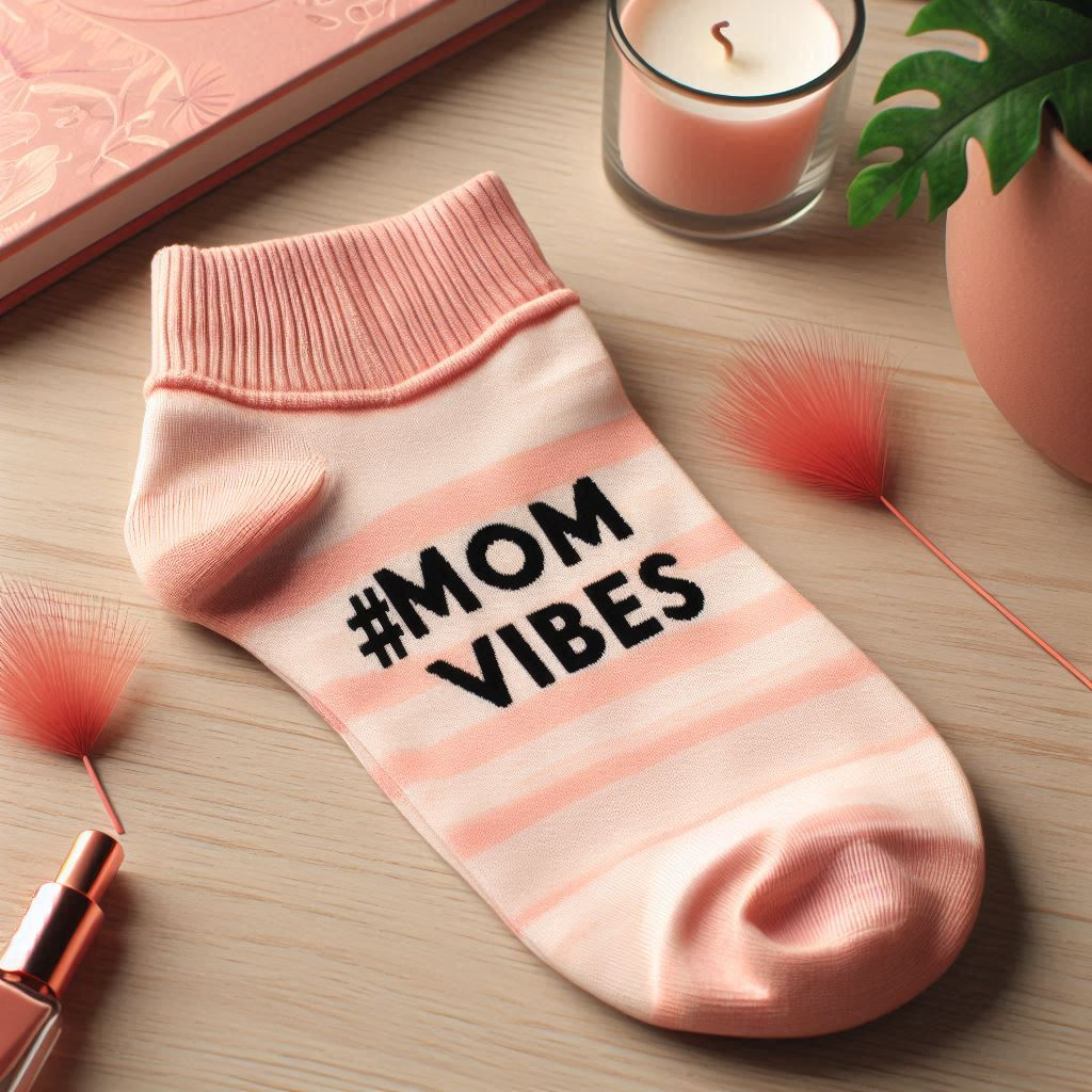 A pink custom sock with the text #MomVibes on a table.