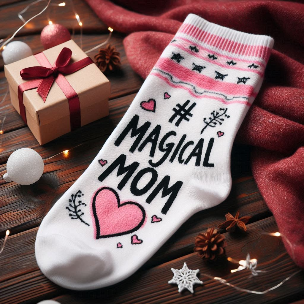 A white and pink custom sock with the text #Magical Mom.