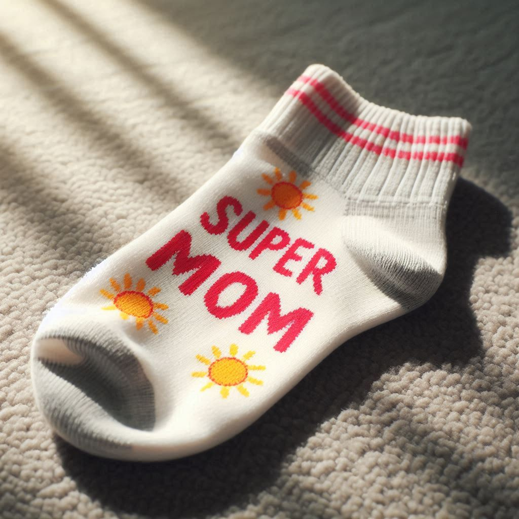 A white custom sock for Mother's Day with the text Super Mom on the floor.