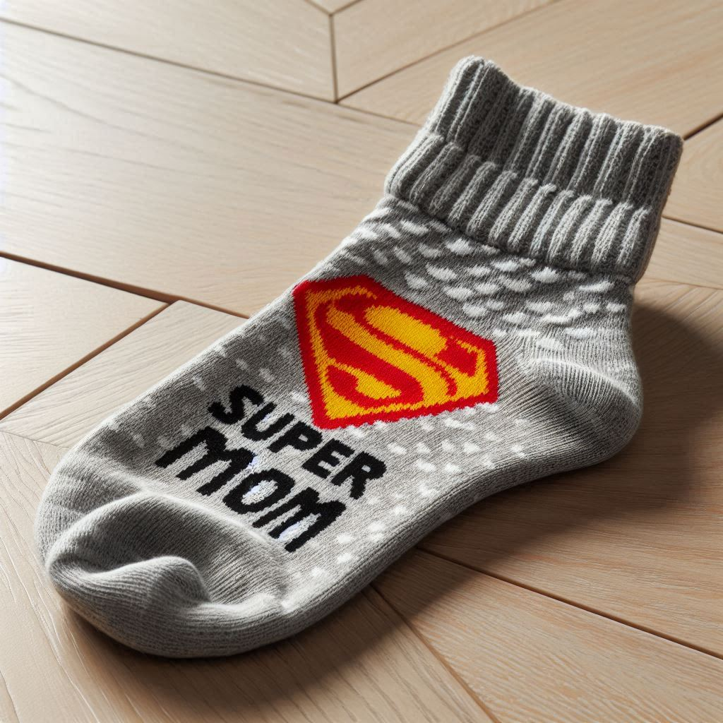 A gray custom sock with the symbol of Superman with the text Super Mom.