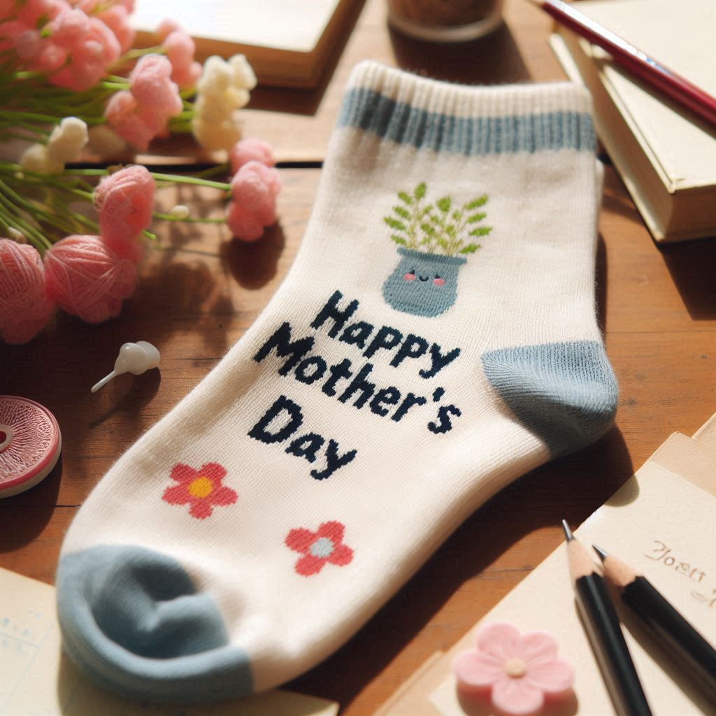 A white custom sock with blue on the toe, heel, and top for Mother's Day.