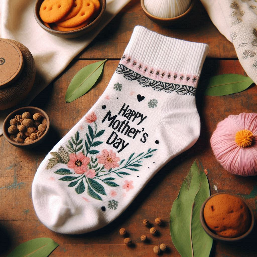 A white custom sock with flowers on it. The text says Happy Mother's Day.
