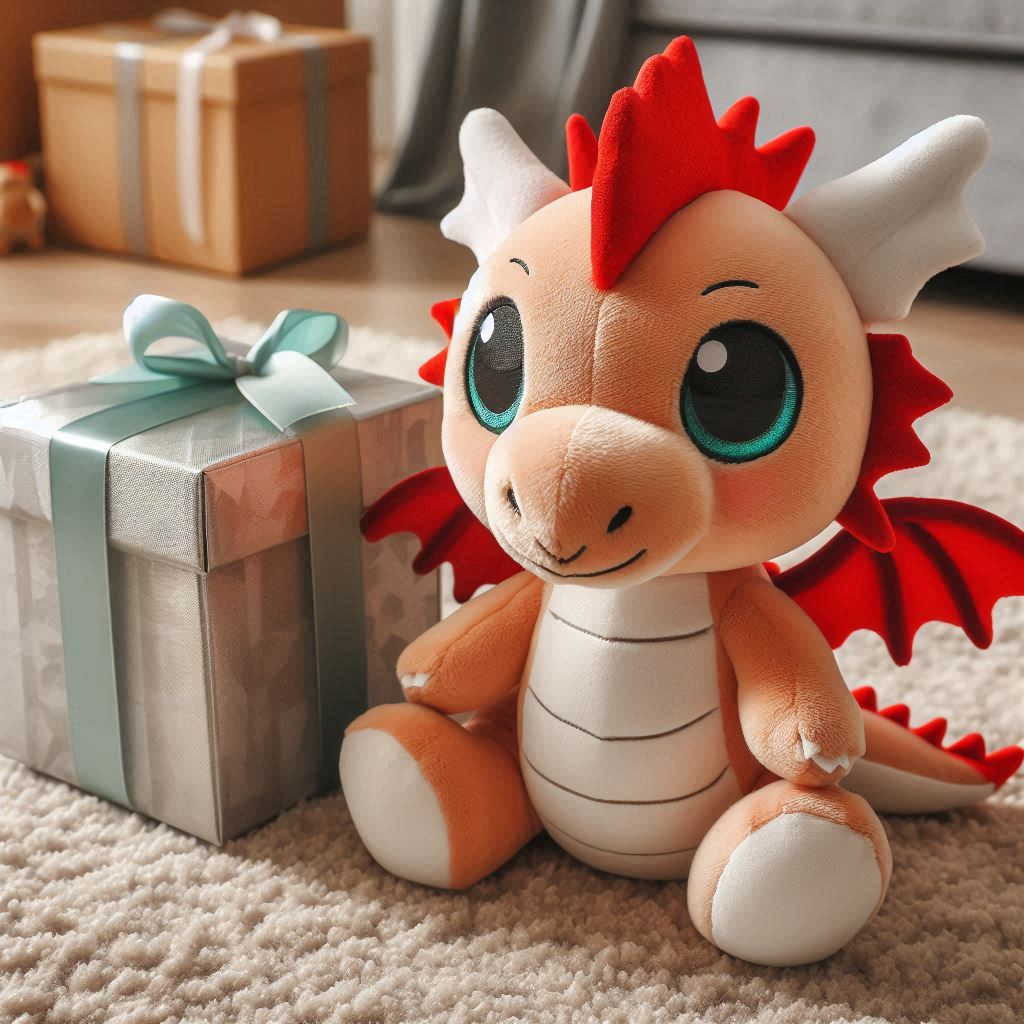 A custom plush toy dragon with gift wrapping.