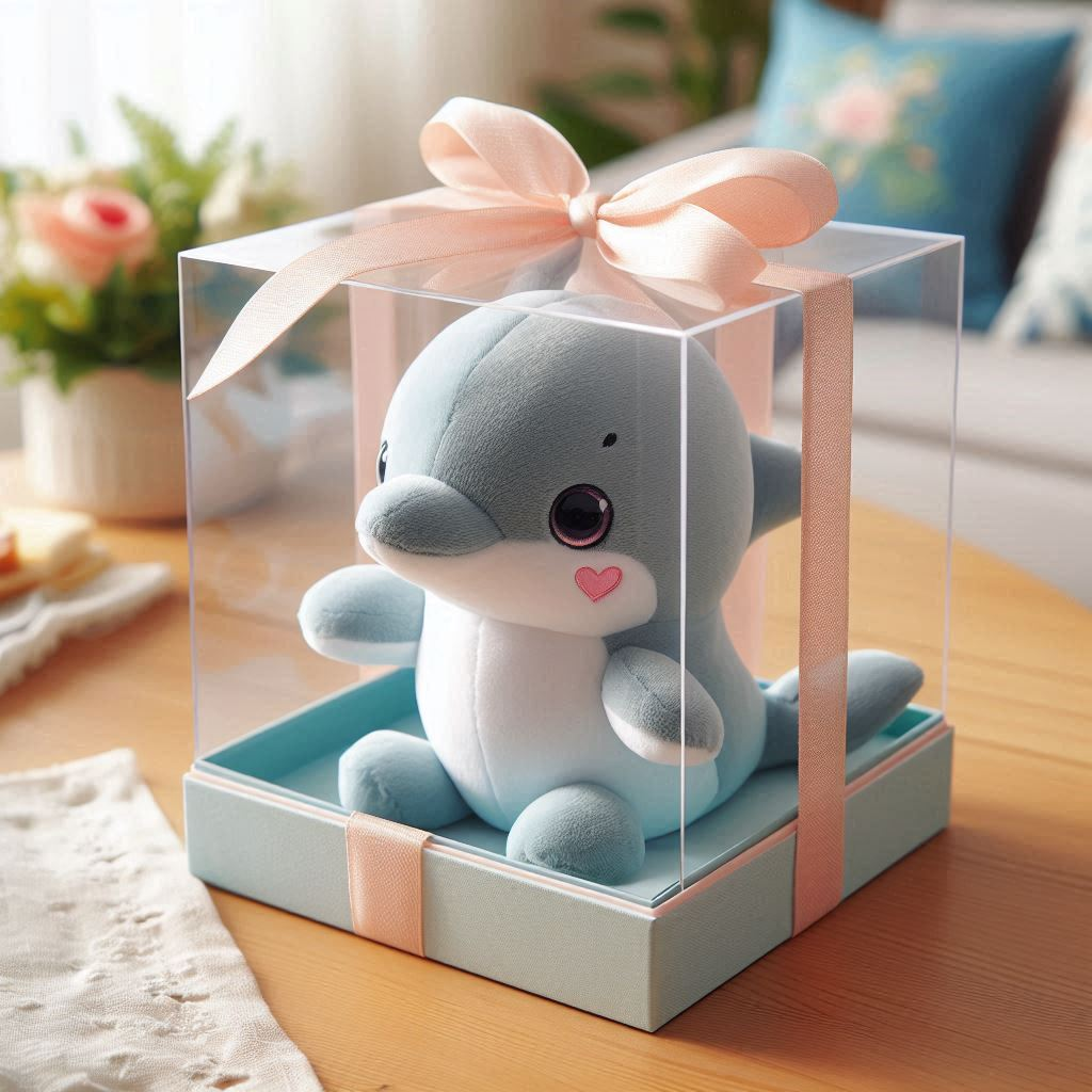 A custom plush toy dolphin in a transparent gift box.