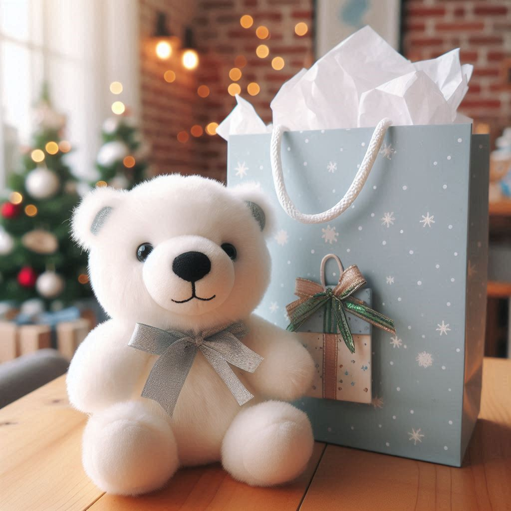 A custom stuffed animal with a gift bag.