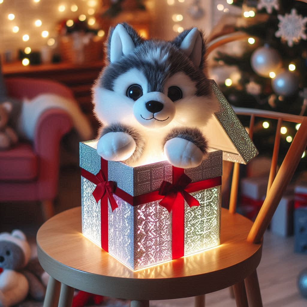 A custom plush toy animal in an illuminated gift box on a chair.