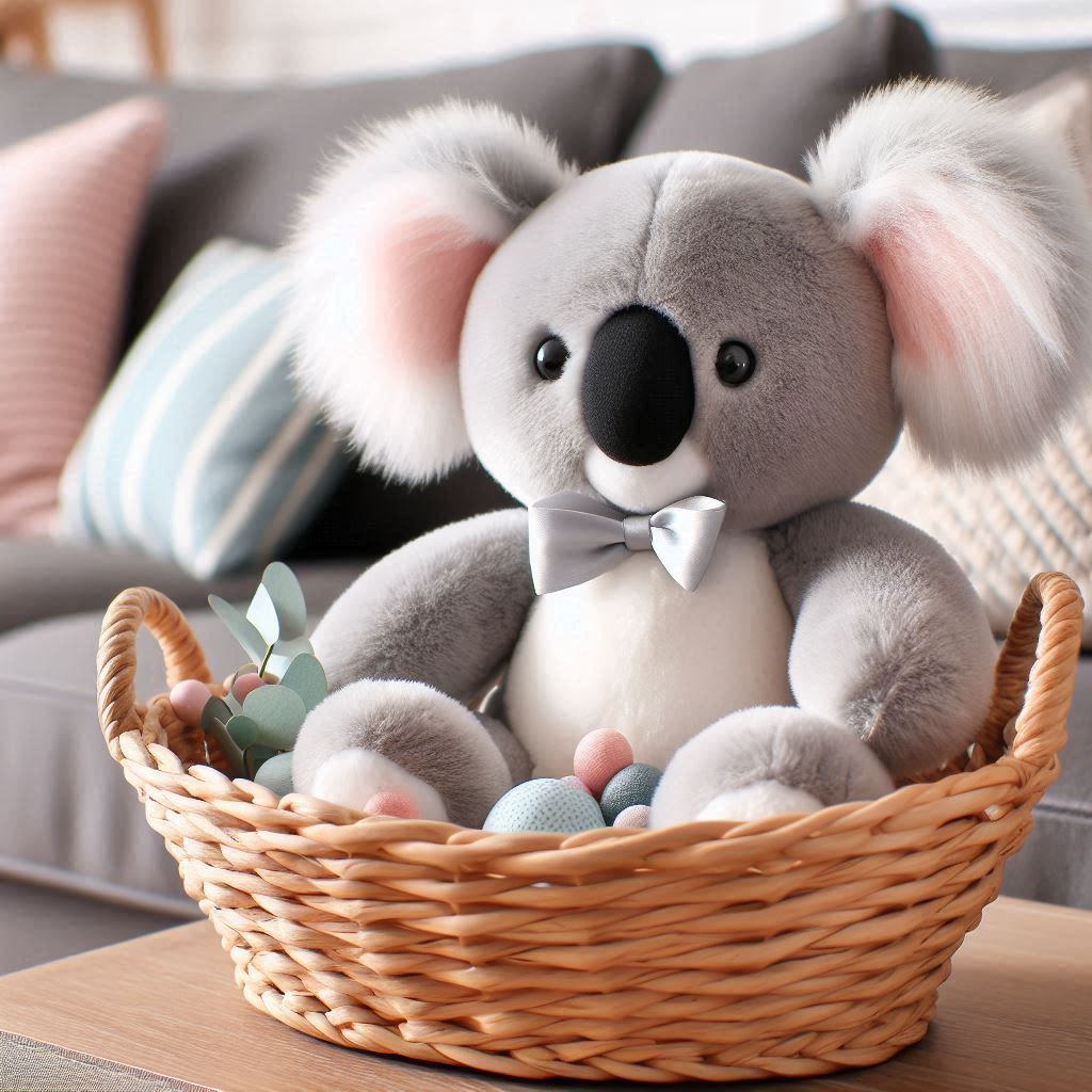 A custom plush toy in a decorative basket.