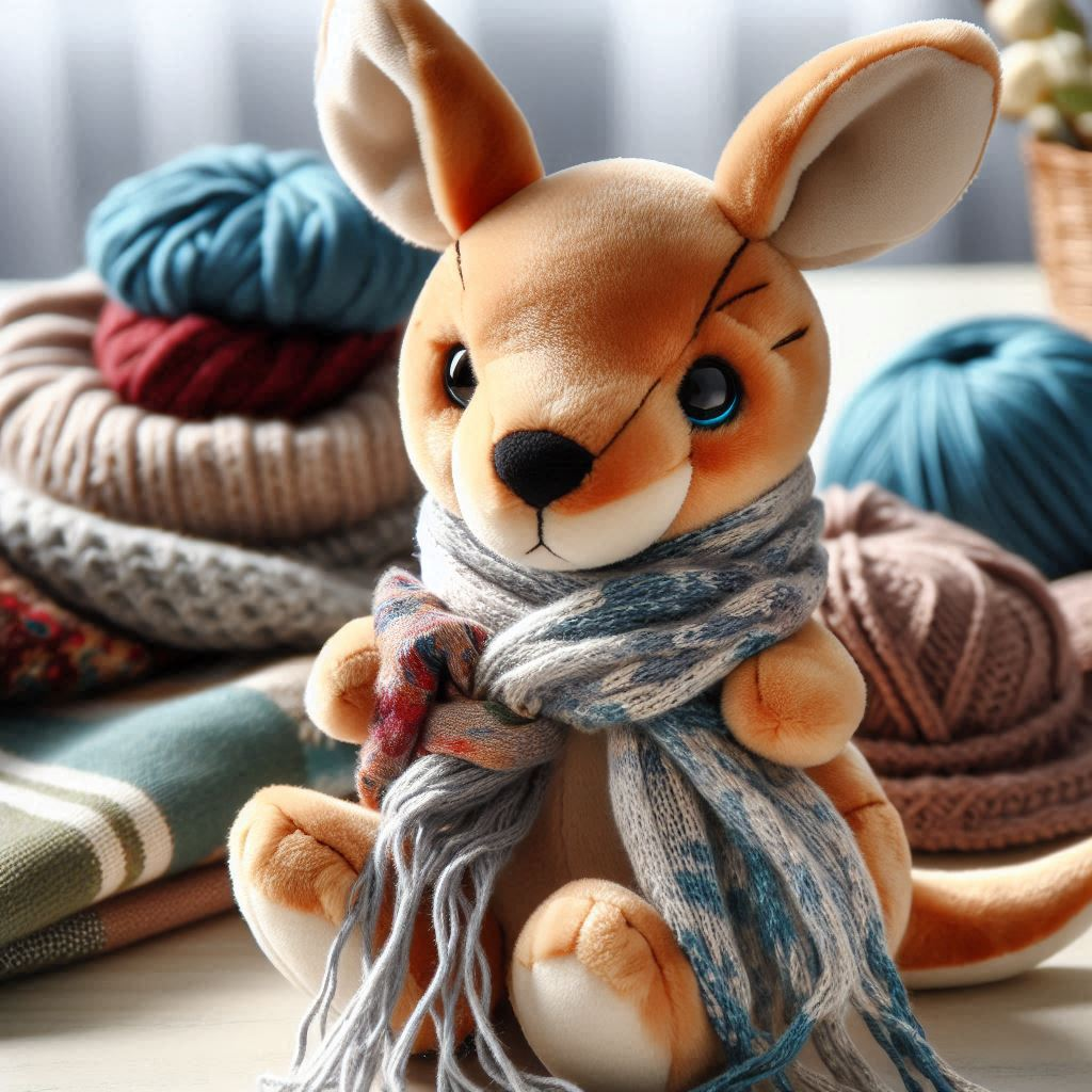A custom plushie toy kangaroo wrapped in scarves.