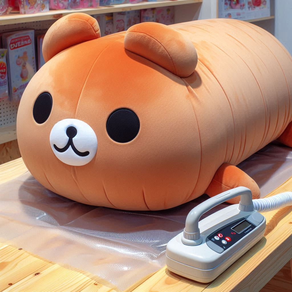 A vacuum-compressed custom plush toy.