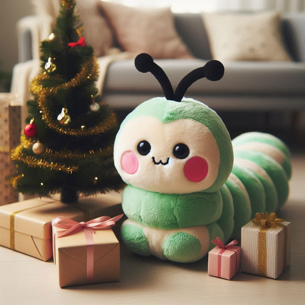 A cute custom plush toy and a small Christmas tree for gift wrapping.