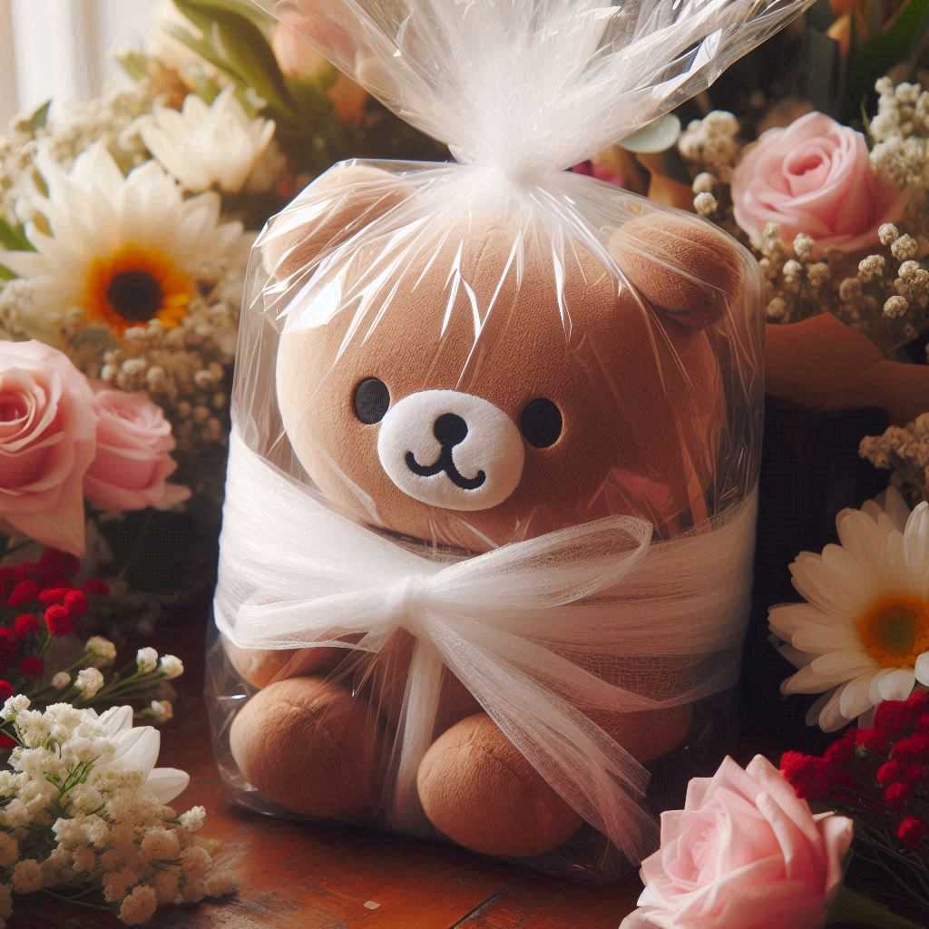 A Custom Plushie with Plastic Paper Amidst Flowers