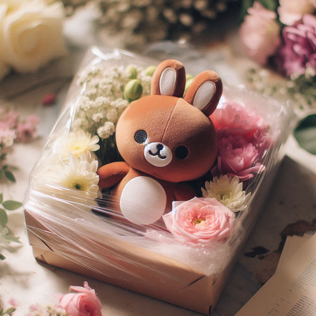 A custom plush toy bunny in a box with flowers.