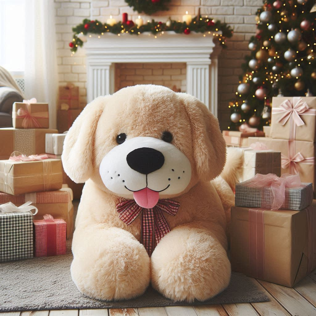 A large custom plush toy dog for wrapping.