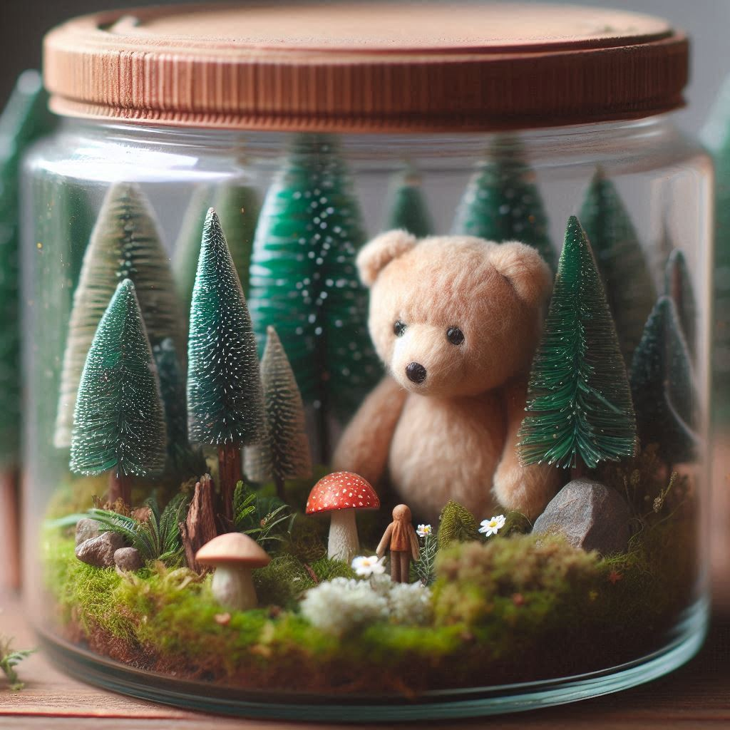A small custom plush toy in a small bottle with a miniature forest theme.