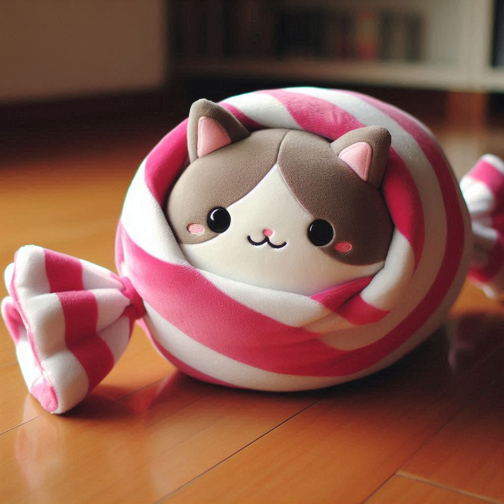 A cute custom plush toy cat wrapped like candy.