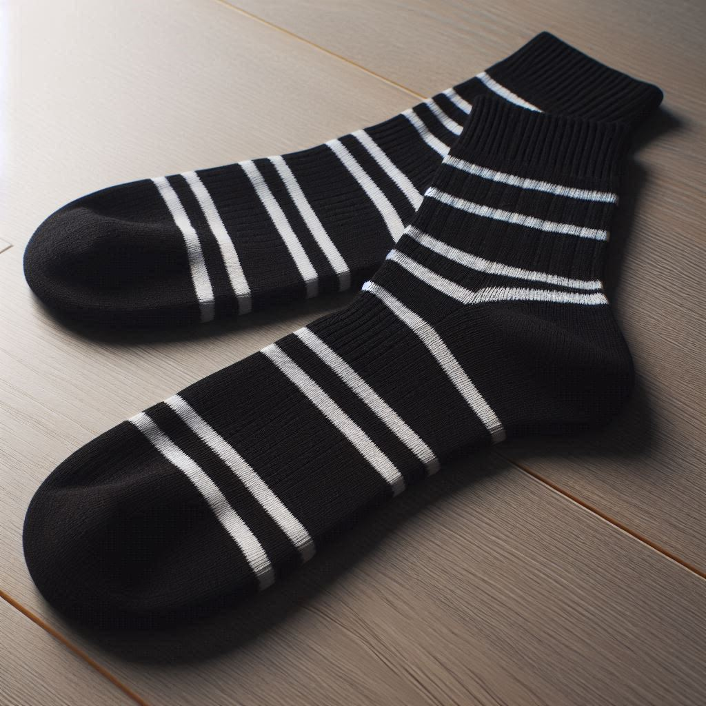 Black custom socks with white stripes are on the floor.