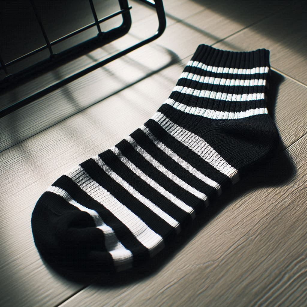 A black and white custom sock in a striped pattern is on the floor.