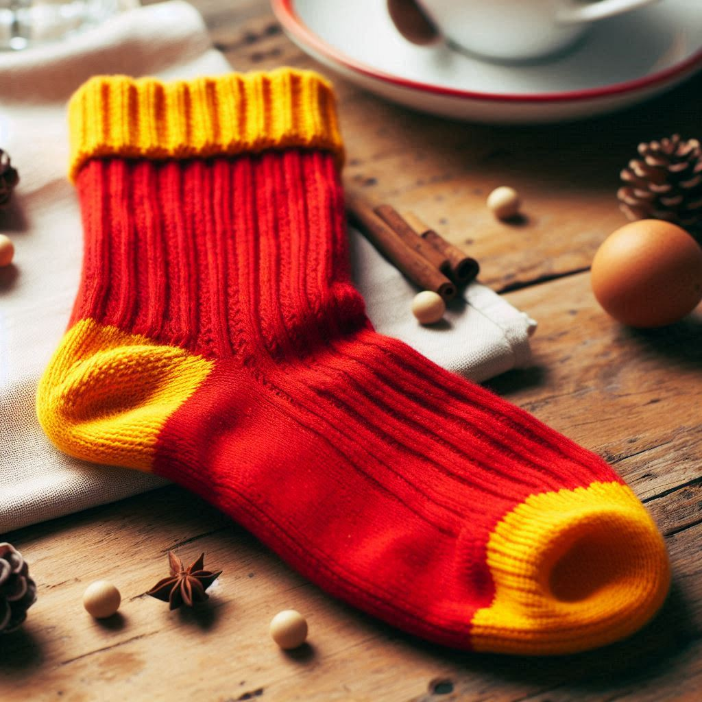 A red and yellow custom sock is on a table.