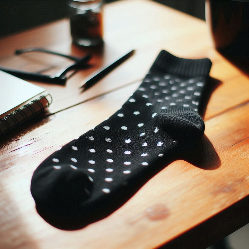 A black custom sock with white polka dots is on a table.