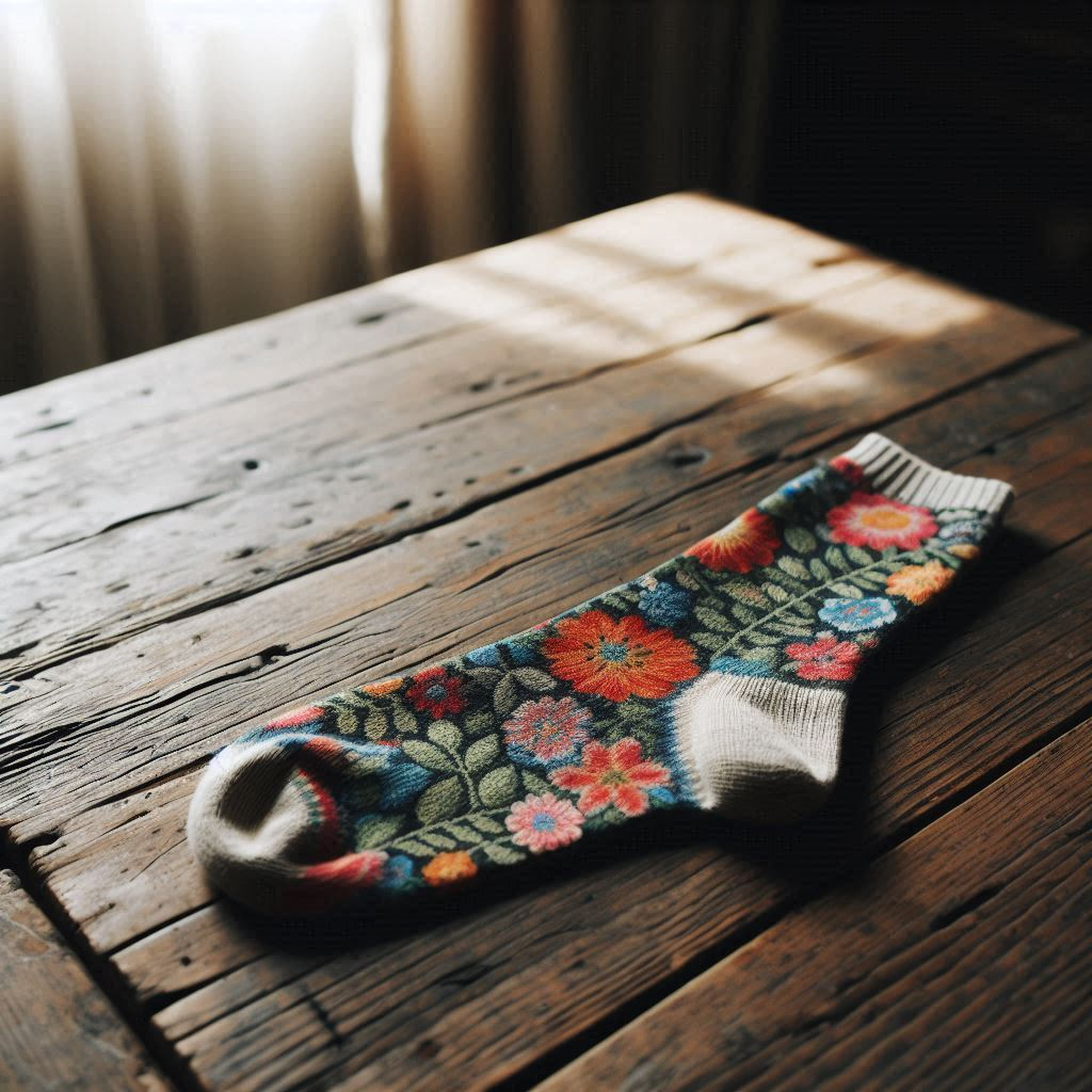 A floral-themed custom sock is on a table.