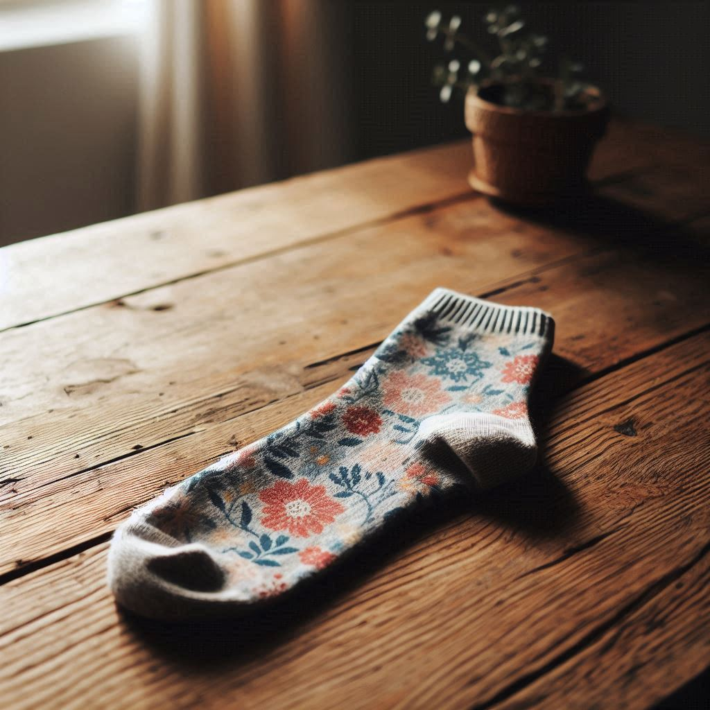 A floral custom sock is on a table.